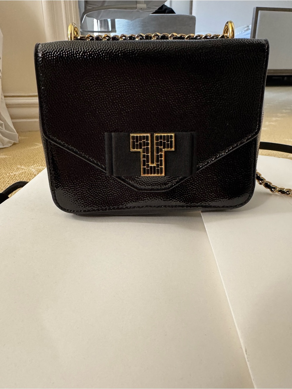Tory Burch Kira Deco Black Leather Crossbody with Gold T-Emblem